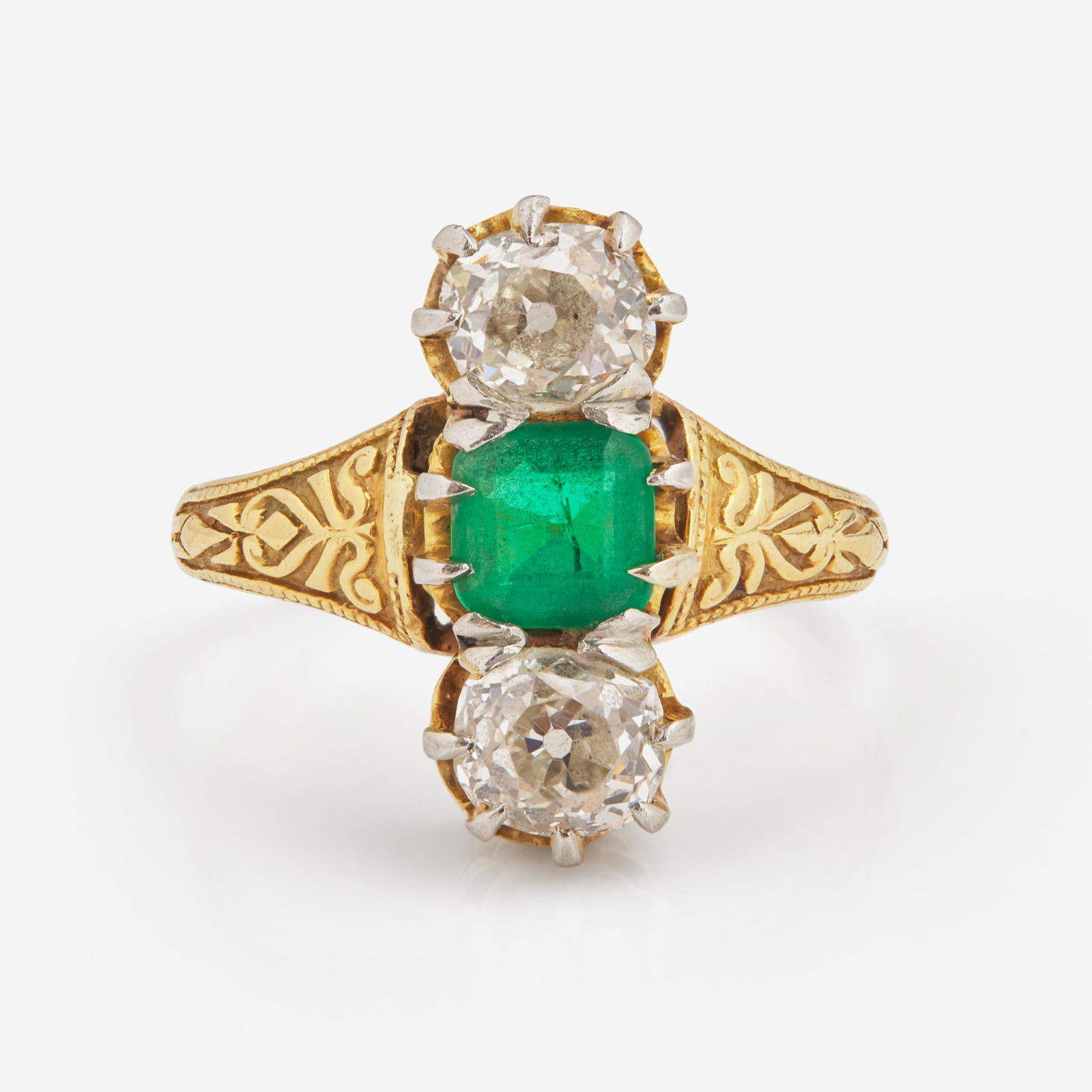 A Three-Stone 14K Yellow Gold, Emerald, and Diamond Ring Victorian, c.1900 (1 of 4)