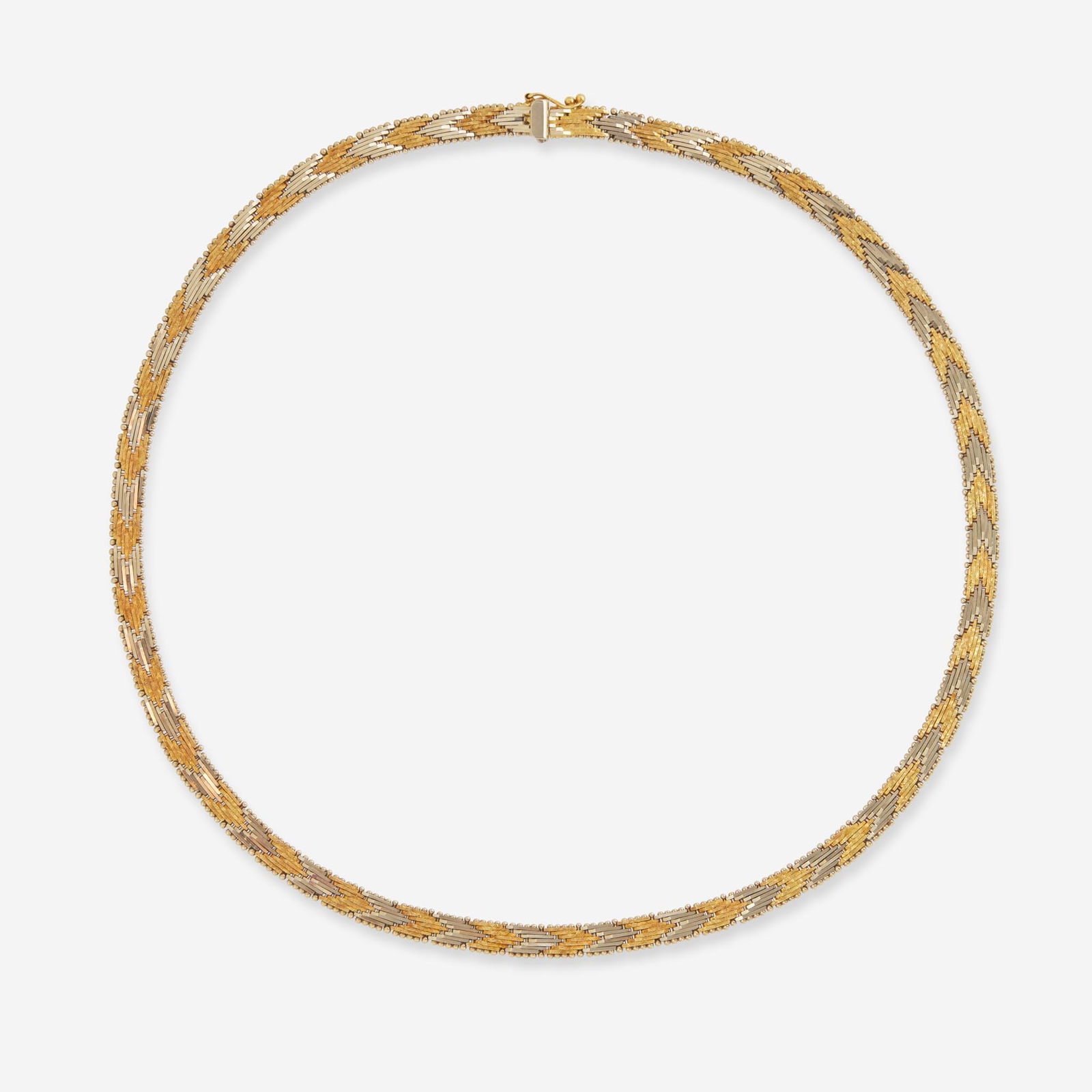 An 18K Yellow Gold Chimento Necklace: An 18K Yellow Gold Chimento Necklace An 18K yellow gold necklace by Chimento, with alternating smooth and textured links, outlined with textured baubles on each side. (Length: 17in; Width: 1/4in; Weig