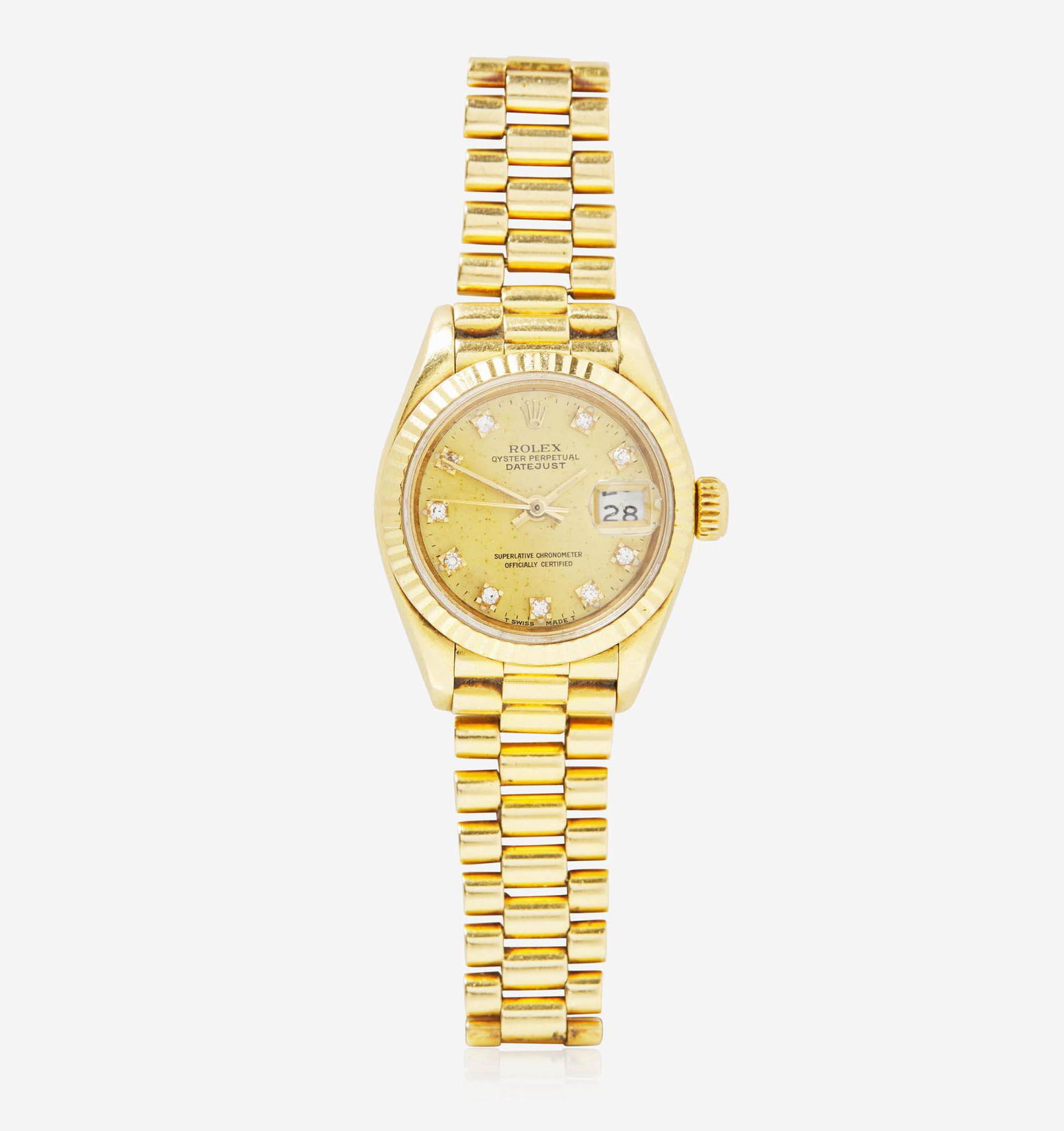 An 18K Yellow Gold Ladies Rolex Oyster Perpetual Datejust c.1988: An 18K Yellow Gold Ladies Rolex Oyster Perpetual Datejust c.1988 An 18K yellow gold ladies automatic movement Rolex Oyster Perpetual Datejust, with a champagne dial featuring diamond markers at hour i