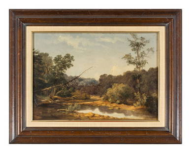 Attributed to Xanthus Russell Smith
(American, 1839&#8211;1929)
Untitled (Landscape),&#160;with&#160: Attributed to Xanthus Russell Smith (American, 1839&#8211;1929) Untitled (Landscape),&nbsp;with&nbsp;Study for a Barn Interior (verso) oil on wood panel 10 1/4 x 14 5/8 inches. This lot is