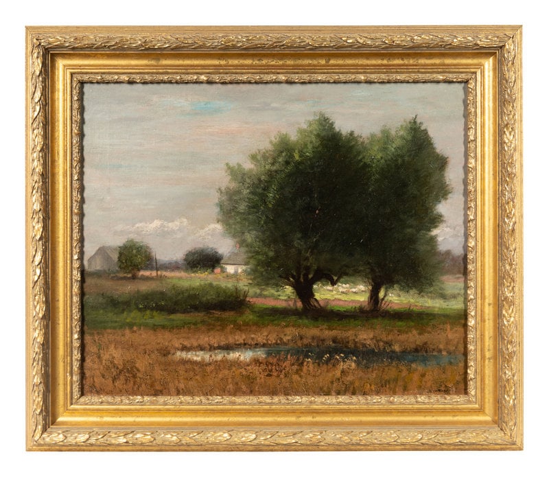 Joseph H. Greenwood (American, 1857–1927) Pond and Pasture: Joseph H. Greenwood (American, 1857–1927) Pond and Pasture oil on canvas signed J.H. Greenwood (lower right) 18 x 22 inches. This lot is located in Chicago. Property f