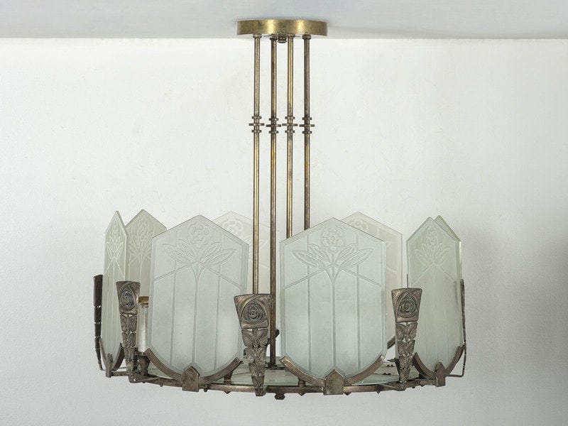 An Art Deco Glass and Nickel-Plated Bronze Chandelier (1 of 6)