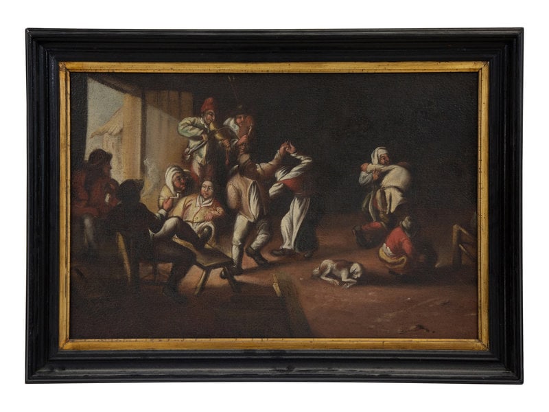 Dutch School, 17th Century Merrymaking in a Tavern: Dutch School, 17th Century Merrymaking in a Tavern oil on canvas 16 x 23 3/4 inches. This lot is located in Palm Beach. Property from the Estate of Hermé de Wyman Miro, Palm Beach, Flori