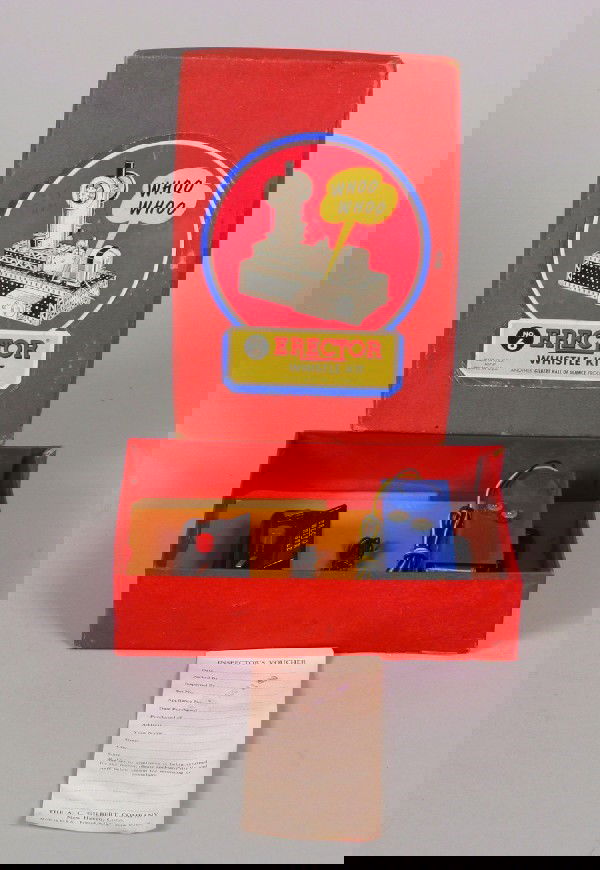 117: An A.C. Gilbert Erector Whistle Kit,: An A.C. Gilbert Erector Whistle Kit, 1950, set number 6, parts organized on original cardboard insert, inspector's voucher, Excellent overall condition.