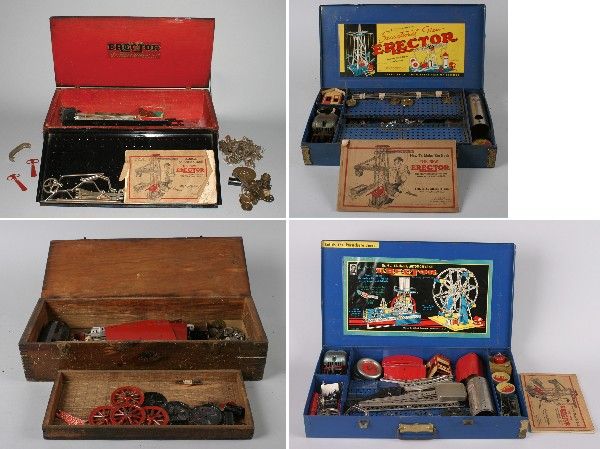 375: A Group of Two Blue Metal Boxes,: A Group of Two Blue Metal Boxes, comprising set 7 1/2 from 1940, with manual, and set number 9 1/2 from 1941-42, no parachutes but has a set of four cones and many other parts, Excellent manual, repro