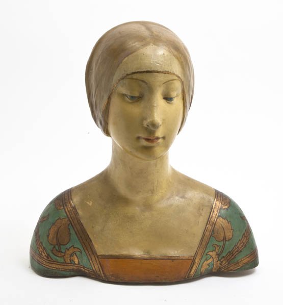 A Cast Plaster Bust, Height 17 1/2 inches.: A Cast Plaster Bust, depicting a lady in 19th century attire. Height 17 1/2 inches.
