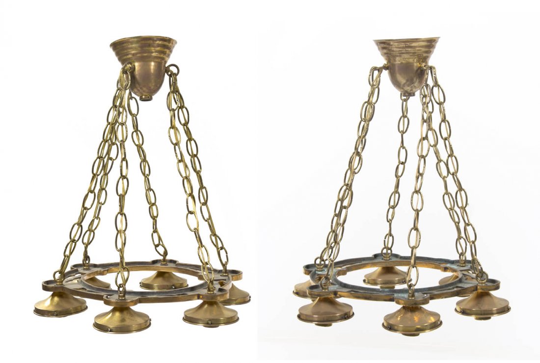 A Pair of Brass Six-Light Fixtures, Diameter 16 1: A Pair of Brass Six-Light Fixtures, each of circular form, having open work frames supporting the six drop lighting elements. Diameter 16 1/2 inches. Property from O'Hara's Gallery, Chicago, Illinois