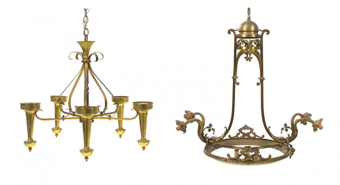 A Neoclassical Style Bronze and Brass Fixture, He: A Neoclassical Style Bronze and Brass Fixture, the circular frame issuing four flora form lighting elements in twin clusters, together with an associated brass fixture. Height of first 29 1/2 inches. 