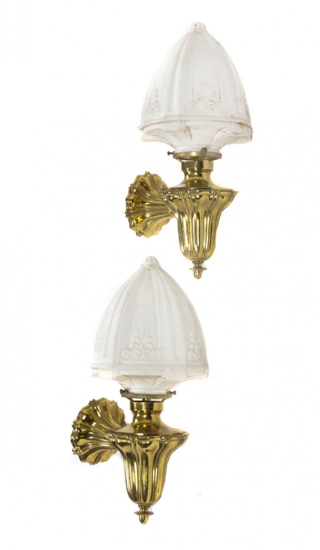 Two Brass and Glass Neoclassical Sconces, Height : Two Brass and Glass Neoclassical Sconces, each having a milk glass shade. Height 17 inches. Property from O'Hara's Gallery, Chicago, Illinois