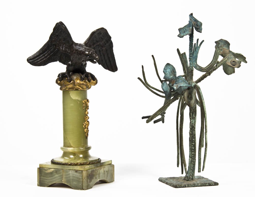 A Cast Metal Model of an Eagle, Height of first 1: A Cast Metal Model of an Eagle, raised on an onyx columnar pedestal, together with a contemporary welded sculpture. Height of first 12 1/2 inches. Property from O'Hara's Gallery, Chicago, Illinois