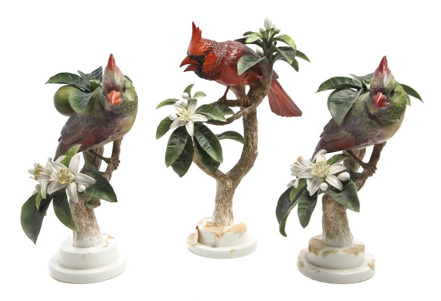 A Royal Worcester Dorothy Doughty Bird, Red Cardi: A Royal Worcester Dorothy Doughty Bird, Red Cardinal, perched on orange blossoms, together with an additional example. Height 12 1/2 inches.