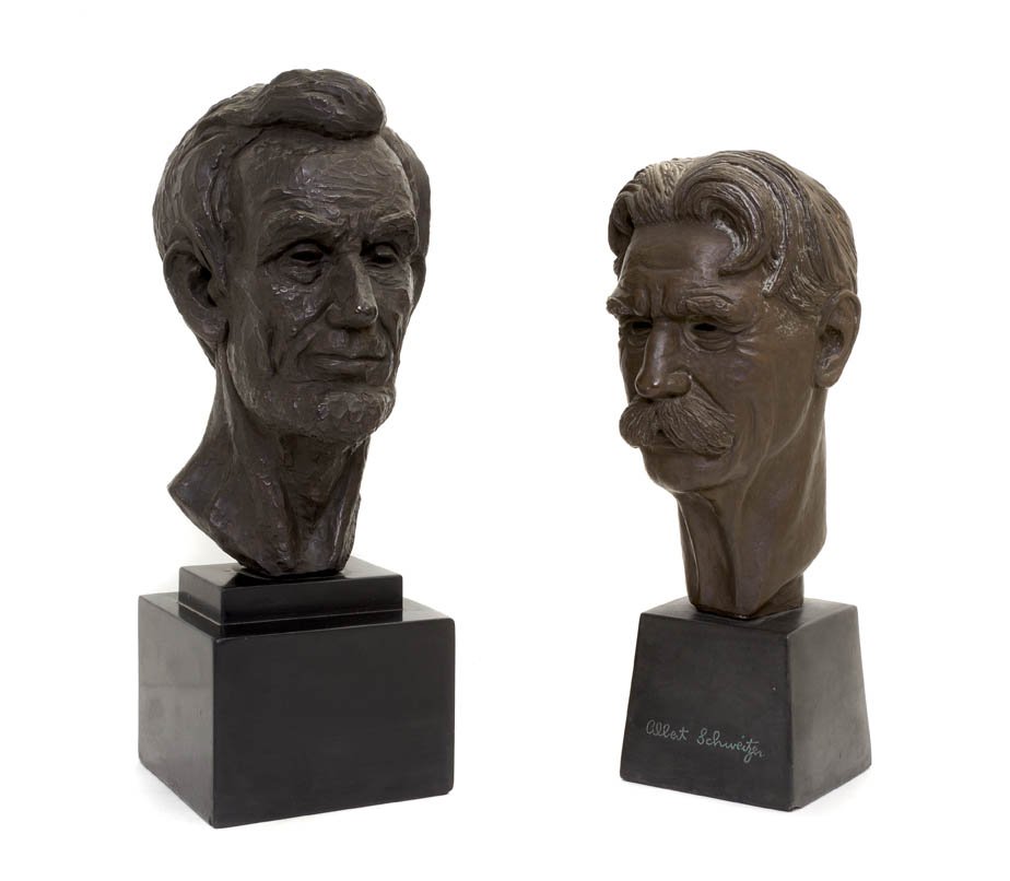 Two American Bronzed Plaster Busts, Leo Cherne, H: Two American Bronzed Plaster Busts, Leo Cherne, depicting Abraham Lincoln and Albert Schweitzer. Height of first overall 15 inches. Property from the Elne Elaine Russ Trust, Winnetka, Illinois