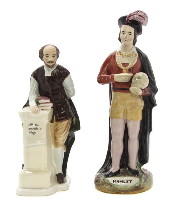Two English Ceramic Figures, Height of tallest 10: Two English Ceramic Figures, comprising a Coalport figure of William Shakespeare and a Staffordshire example depicting Shakespeare's Hamlet with the skull. Height of tallest 10 1/2 inches.