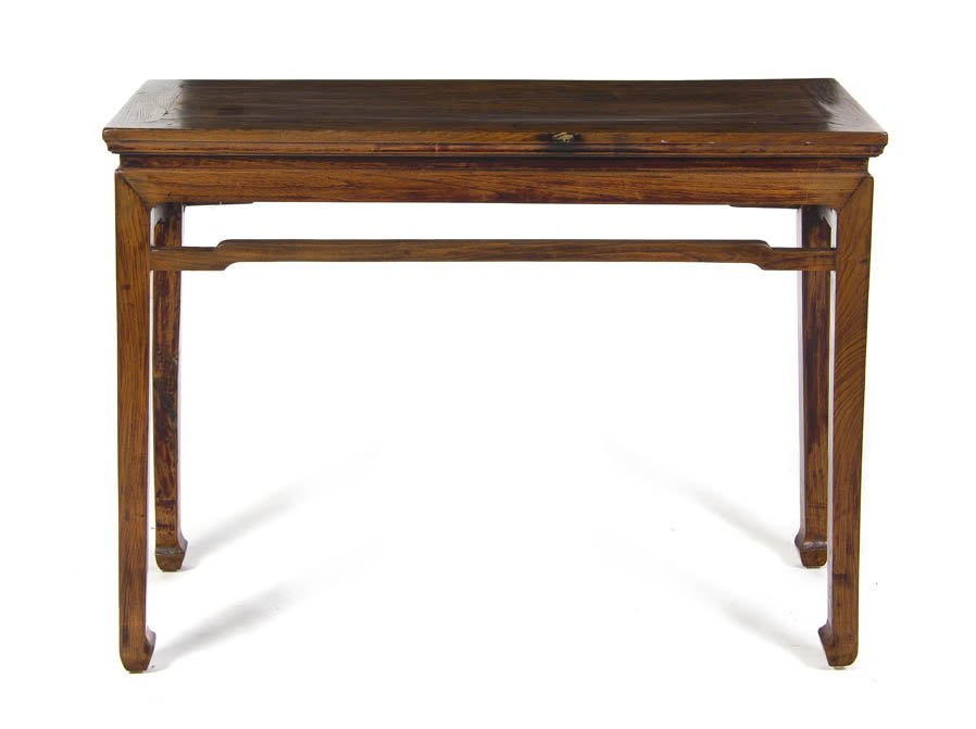 A Chinese Hardwood Altar Table, Height 33 3/4 x w: A Chinese Hardwood Altar Table, having a rectangular top raised on square legs joined by stretchers. Height 33 3/4 x width 46 1/2 x depth 18 1/4 inches.