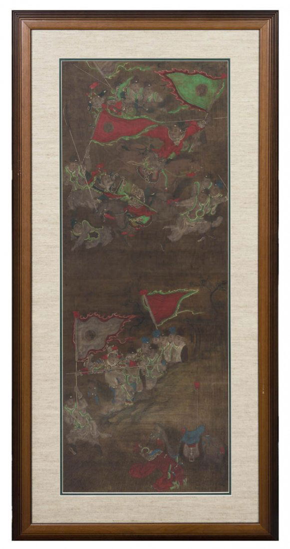A Chinese Painting on Silk, Height of image 42 1/: A Chinese Painting on Silk, depicting a battle scene from the era of the Three Kingdoms, showing two generals in a skirmish, the Shu general depicted in the lower register with his state banner and le