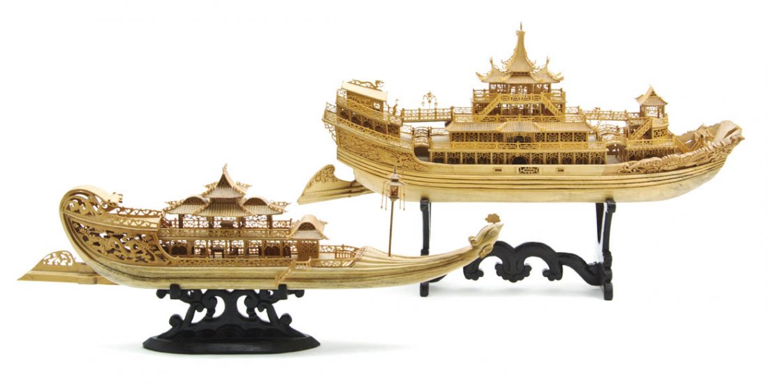 A Group of Two Carved Wood Chinese Chicken Boats,: A Group of Two Carved Wood Chinese Chicken Boats, having pavilion carved centers, raised on hardwood stands. Width of widest 21 1/4 inches. Property from the Collection of Albert and Ruth Katz, Chicag