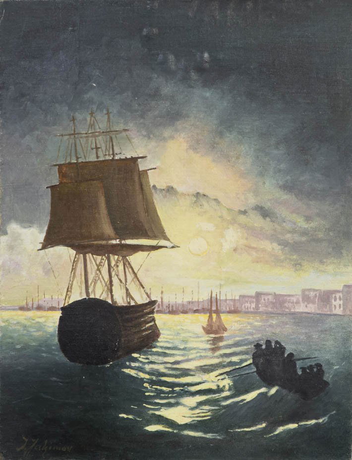 Igor von Jakimov, (Russian, b. 1885), Ship in the: Igor von Jakimov (Russian, b. 1885) Ship in the Harbor together with four other paintings and one embossed print oil on canvas each signed I. Jakimov Largest 22 x 34 1/4 inches.