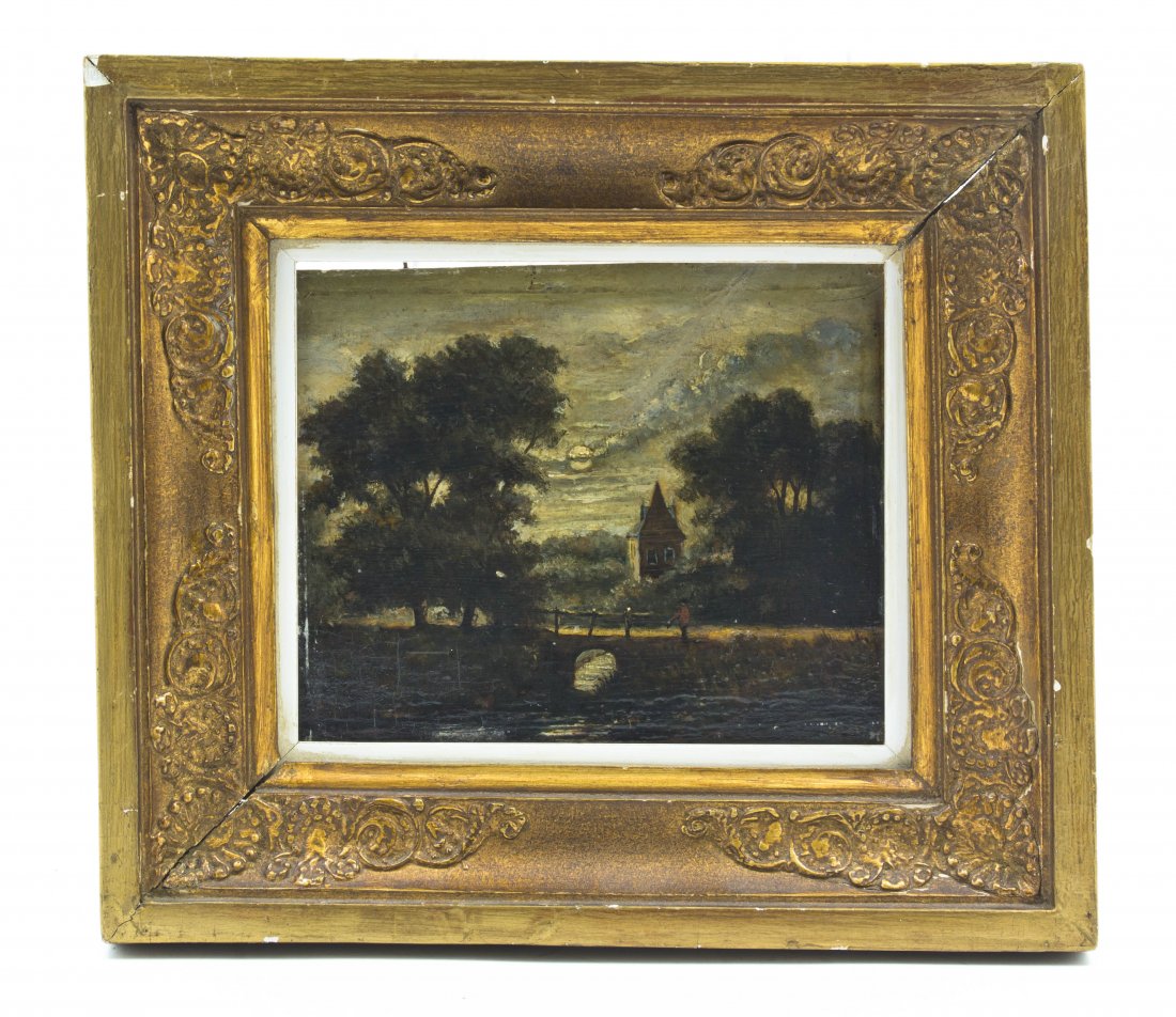 Continental School, (19th century), Landscape wit: Continental School (19th century) Landscape with Bridge oil on panel 4 1/2 x 5 3/4 inches. Property from the Estate of Helen Mouzakeotis, Winnetka, Illinois