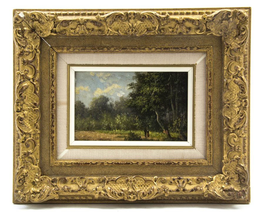 Continental School, (19th century), Figures in a : Continental School (19th century) Figures in a Landscape oil on panel signed indistinctly (lower right) 4 x 6 inches. Property from the Estate of Helen Mouzakeotis, Winnetka, Illinois