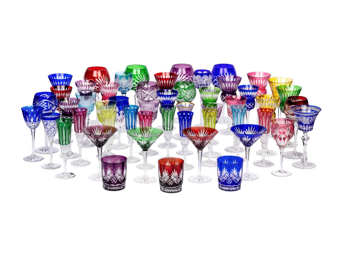 A Collection of Saint Louis and Other Colored Cut-to-Clear Glass Stemware: A Collection of Saint Louis and Other Colored Cut-to-Clear Glass Stemware comprising: 2 tall wine glasses with gilt rims, marked for Saint Louis 3 wine glasses, marked for Saint Louis 10 champagne flu