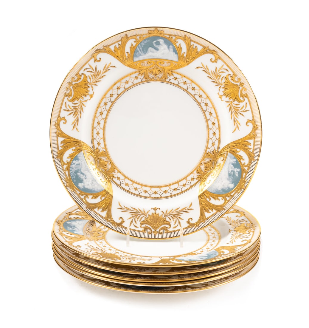 A Set of Six Mintons Pâte-sur-Pâte Porcelain Plates: A Set of Six Mintons PÃ¢te-sur-PÃ¢te Porcelain Plates Retailed by Burley and Co., Chicago, Early 20th Century each with gilt maker's and retailer's stamp and additional impressed marks to the unde