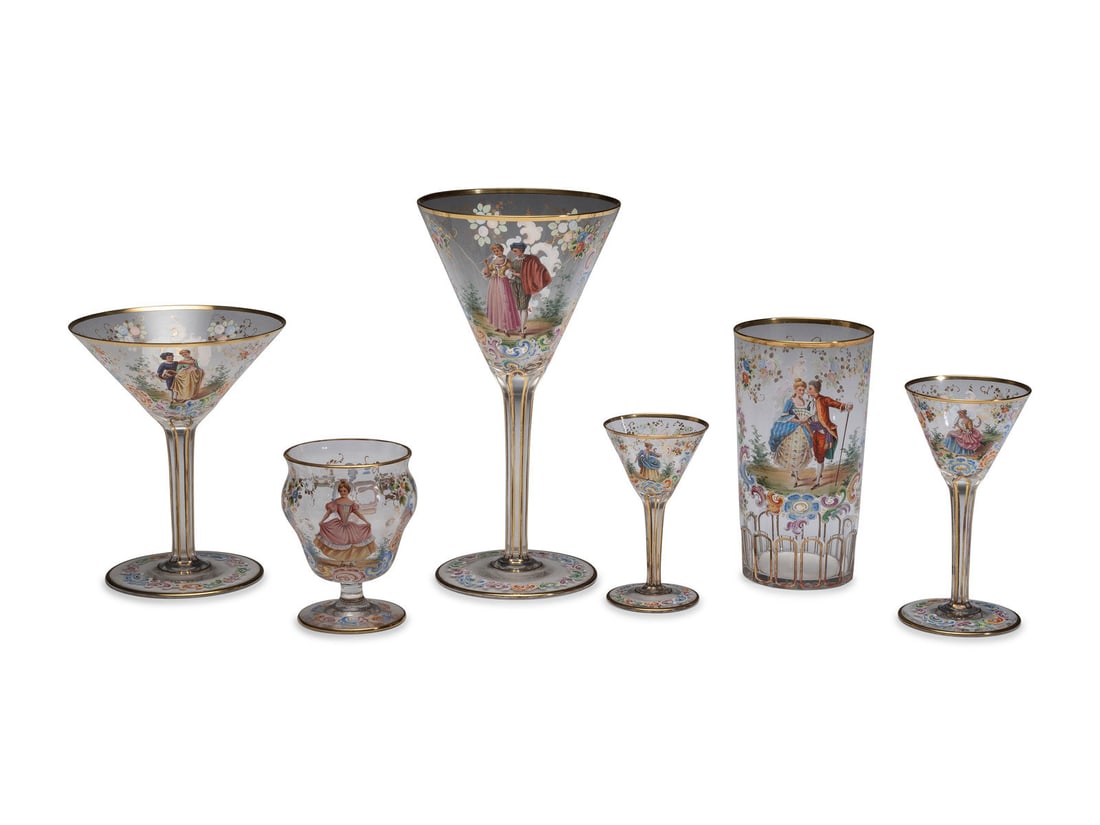A Set of Continental Painted and Enameled Glassware: A Set of Continental Painted and Enameled Glassware Likely Lobmeyr, 19th Century comprising: 12 highball glasses 12 wine stems 6 cocktail glasses 11 small cordials 12 tall cordials 6 brandy glasses; 5
