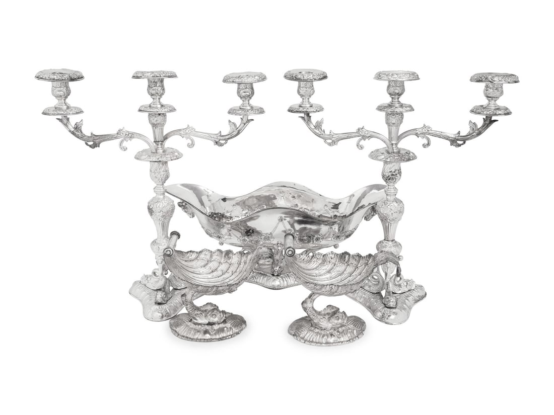 A Silver-Plate Dolphin Form Table Garniture (1 of 3)