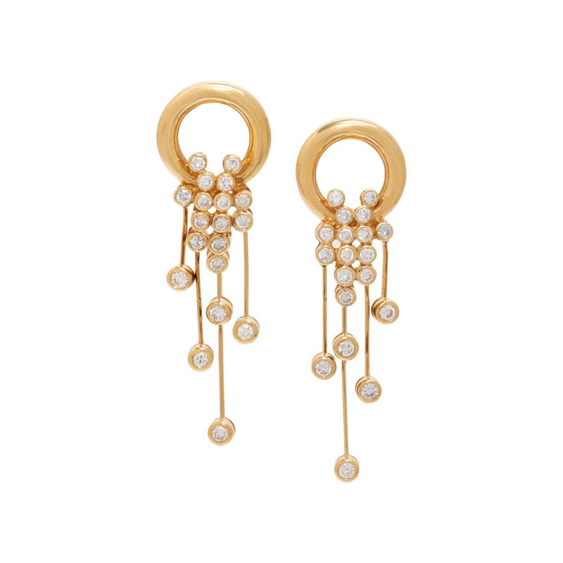 YELLOW GOLD AND DIAMOND EARCLIPS: YELLOW GOLD AND DIAMOND EARCLIPS Containing 38 round brilliant cut diamonds weighing approximately 1.80 carats total, posts with clip backs. 2 inches long. Stamp: 18K 750 Gross weight: 10.10