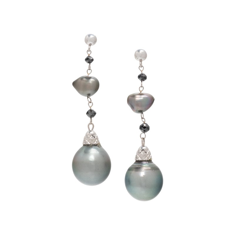 CULTURED TAHITIAN PEARL AND BLACK DIAMOND EARRINGS: CULTURED TAHITIAN PEARL AND BLACK DIAMOND EARRINGS Containing two Tahitian pearl drops measuring approximately 11.20 mm in diameter, two baroque Tahitian pearls measuring approximately 7.85 x 6.00 mm 