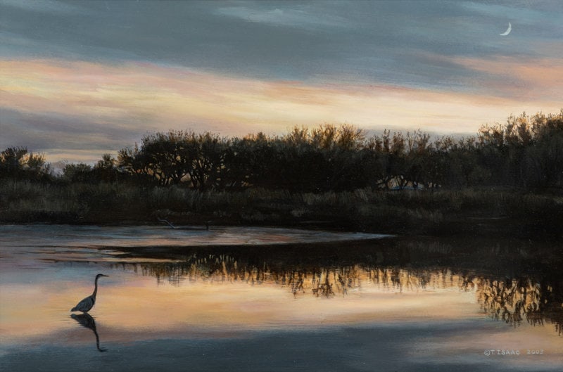 Terry Isaac (American, 1958-2019) Great Blue Heron, 2003: Terry Isaac (American, 1958-2019) Great Blue Heron, 2003 acrylic on panel signed T Isaac and dated (lower right) 9 1/2 x 14 inches The Laumeister Collection from The Bennington Cen