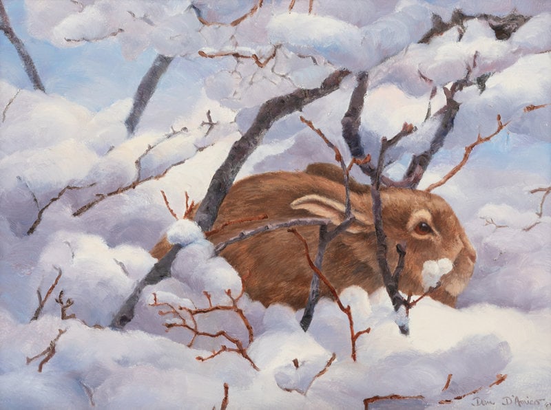 Dan D'Amico (American, b. 1956) Sheltering in Snow, 2004: Dan D'Amico (American, b. 1956) Sheltering in Snow, 2004 oil on board signed Dan D'Amico (lower right) 9 1/2 x 13 1/5 inches The Laumeister Collection from The Bennington Center for the