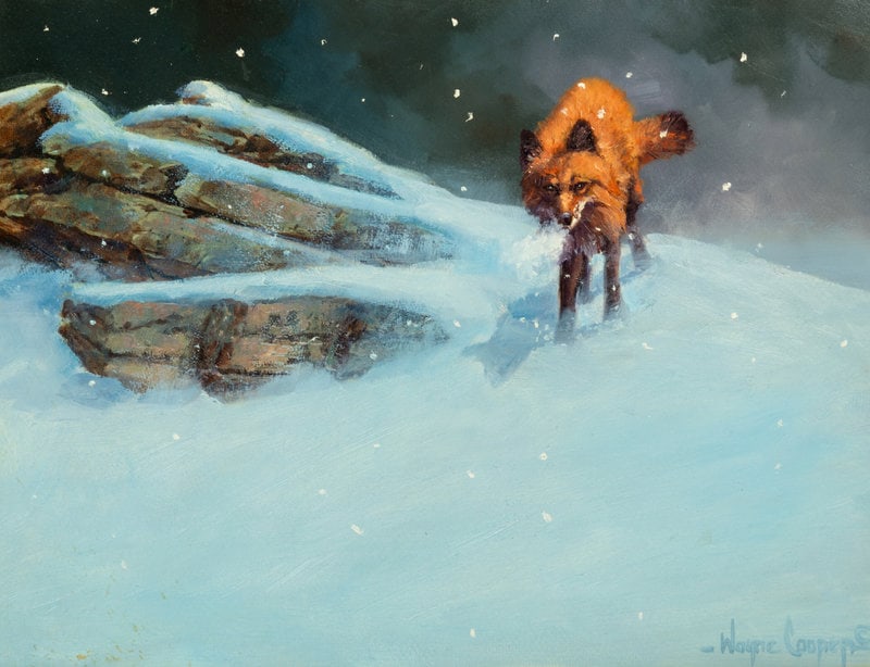 Wayne Cooper (American, b. 1942) Night Fox: Wayne Cooper (American, b. 1942) Night Fox oil on board signed Wayne Cooper (lower right) 14 x 18 inches The Laumeister Collection from The Bennington Center for the Arts, Bennington, V