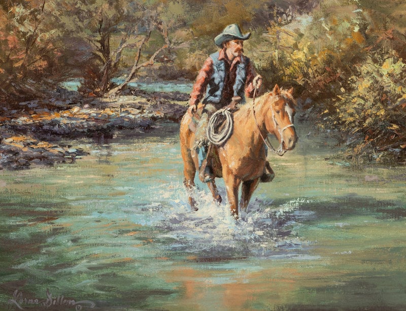 Lorna Dillon (American, b. 1940) Checking Hat Creek: Lorna Dillon (American, b. 1940) Checking Hat Creek oil on canvas signed Lorna Dillon (lower left) 12 x 15 inches The Laumeister Collection from The Bennington Center for the Arts, Benn