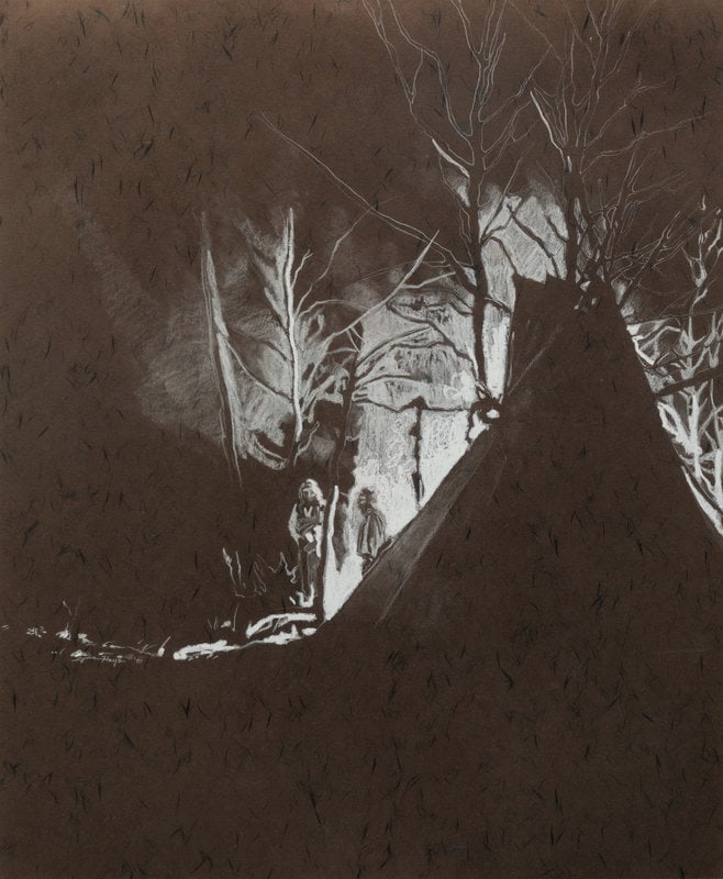Lynn Hayes (American, 20th Century) Old Man's Medicine, 1987: Lynn Hayes (American, 20th Century) Old Man's Medicine, 1987 white charcoal on chine - colle' signed Lynn Hayes and dated (lower left) 22 x 18 inches The Laumeister Collection from The