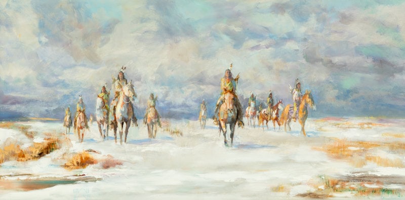 Ron Himler (American, 20th Century) Winter on the Plains: Ron Himler (American, 20th Century) Winter on the Plains oil on board signed Himler (lower left) 12 x 24 inches The Laumeister Collection from The Bennington Center for the Arts, Bennin