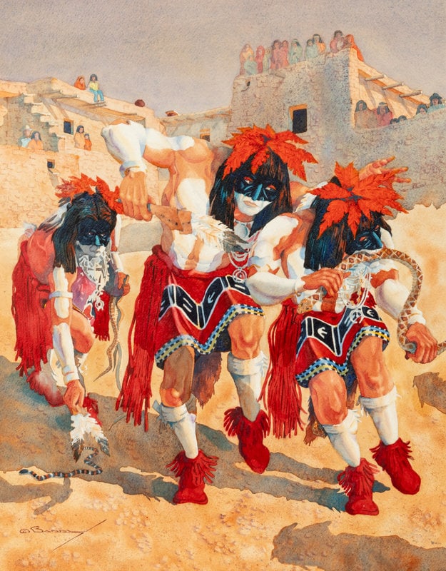 Barry Sapp (American, 20th Century) Hopi Snake CeremonyI, 2008: Barry Sapp (American, 20th Century) Hopi Snake CeremonyI, 2008 watercolor signed Barry (lower left) 28 x 22 inches The Laumeister Collection from The Bennington Center for the Arts