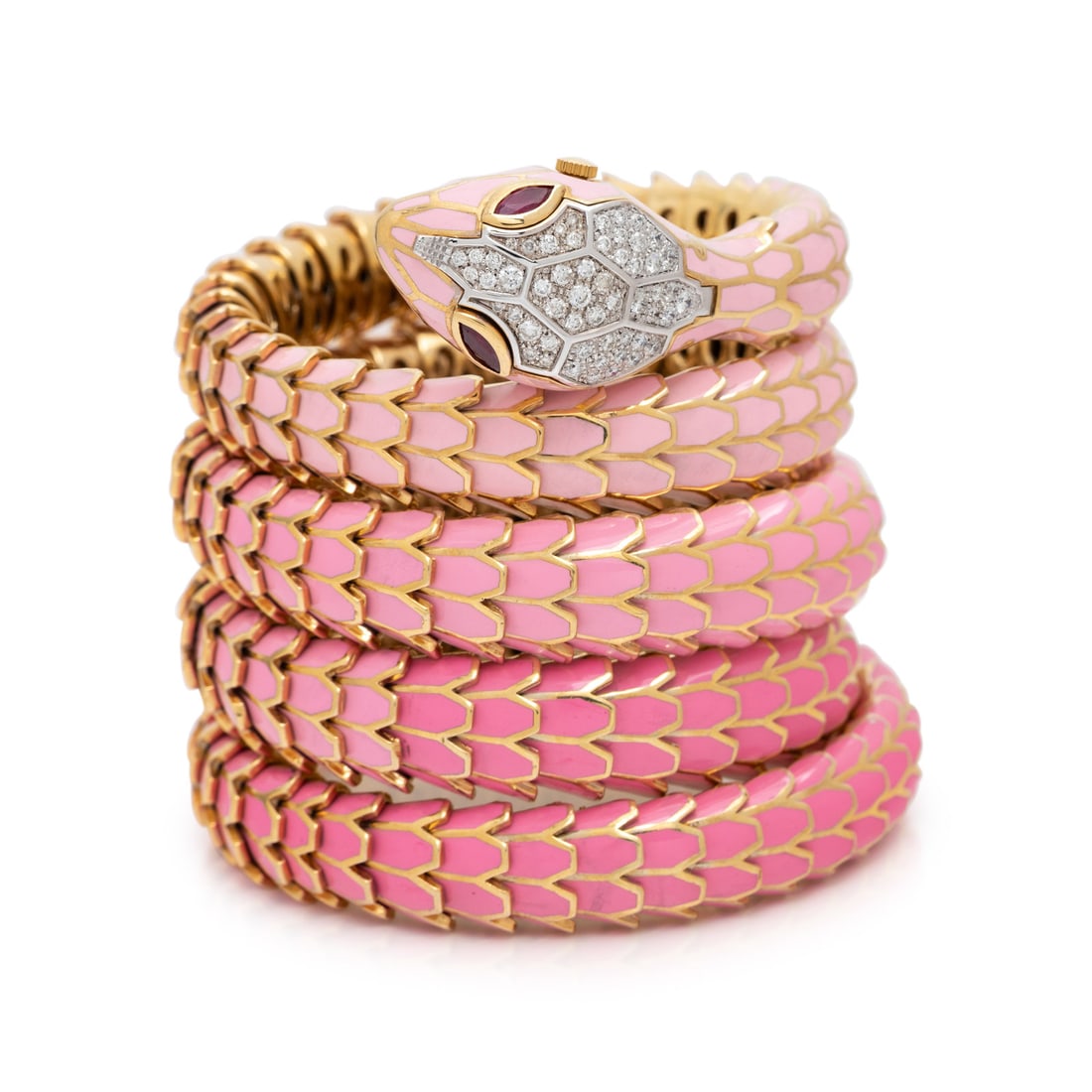 DIAMOND, RUBY AND PINK ENAMEL SNAKE SURPRISE WATCH (1 of 4)
