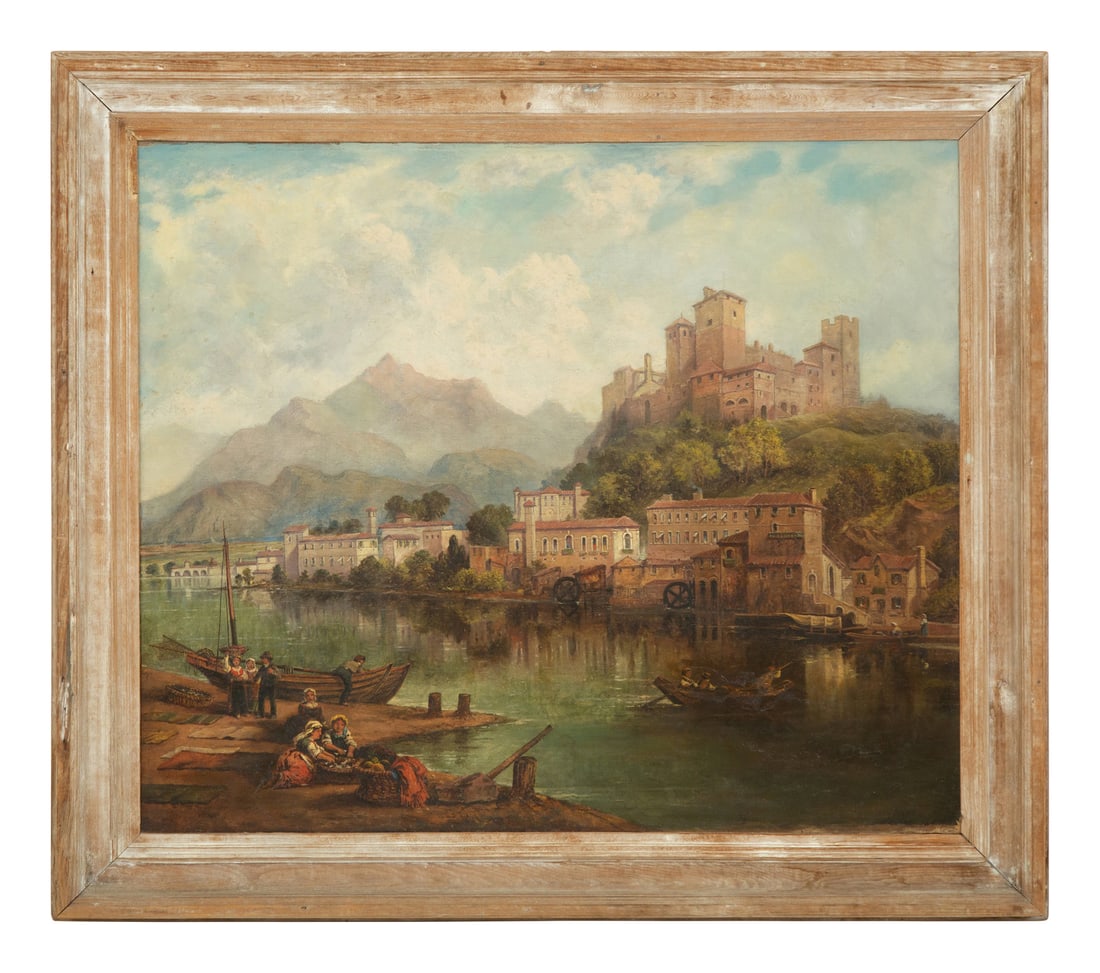 Continental School, 19th Century View of Mountain Town with Fisherfolk: Continental School, 19th Century View of Mountain Town with Fisherfolk oil on canvas 40 1/2 x 47 1/2 inches.