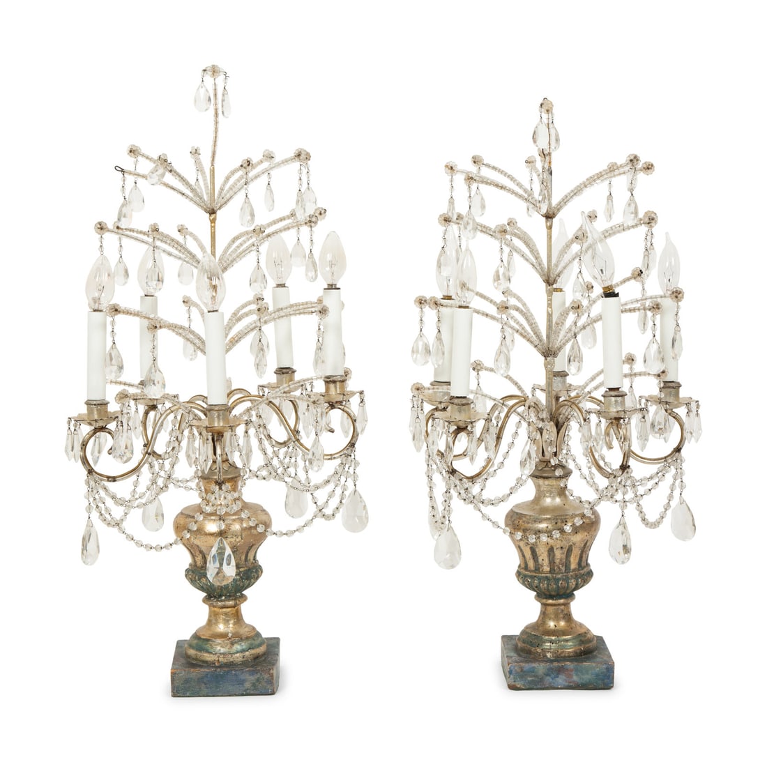 A Pair of Louis XV Style Cut Glass Five-Light Girandoles in Silvered Wood Bases: A Pair of Louis XV Style Cut Glass Five-Light Girandoles in Silvered Wood Bases 19th Century now electrified. Height 26 inches.