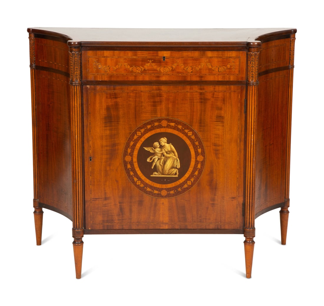 A Joseph Gerte Mahogany and Marquetry Commode: A Joseph Gerte Mahogany and Marquetry Commode Early 20th Century labeled on interior side of drawer. Height 35 x width 42 x depth 18 inches.