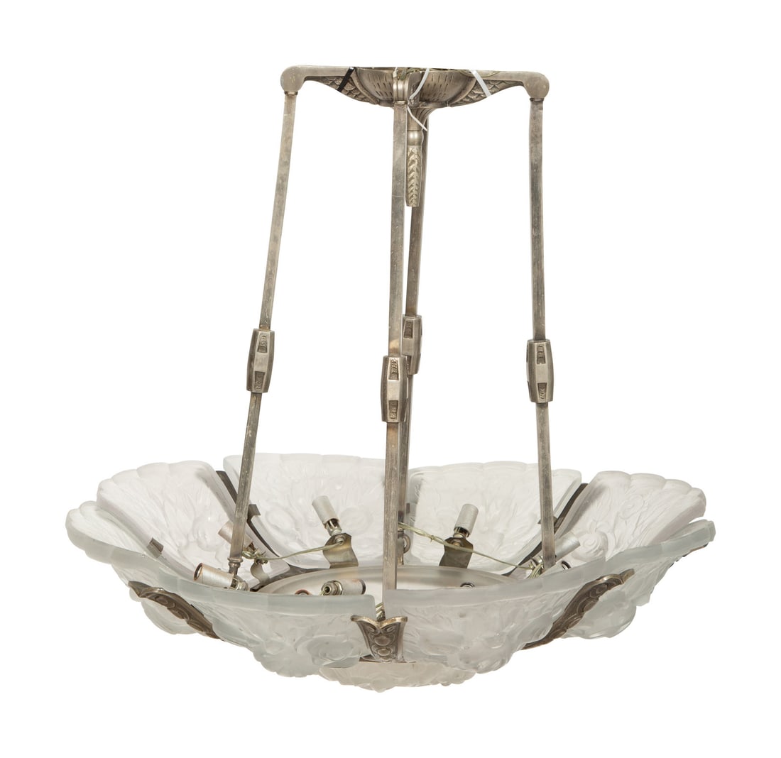 A French Art Deco Molded and Frosted Glass Eight-Light Chandelier in the manner of Hettier &: A French Art Deco Molded and Frosted Glass Eight-Light Chandelier in the manner of Hettier & Vincent Circa 1930 with eight side panels and a center coupe. Height 28 x diameter 28 inches.