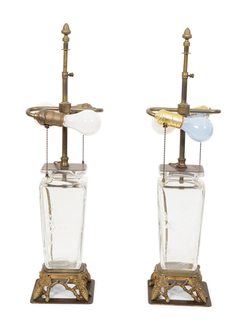 A Pair of Scandinavian Gilt Bronze Mounted Molded Glass Vases Mounted as Lamps (1 of 4)