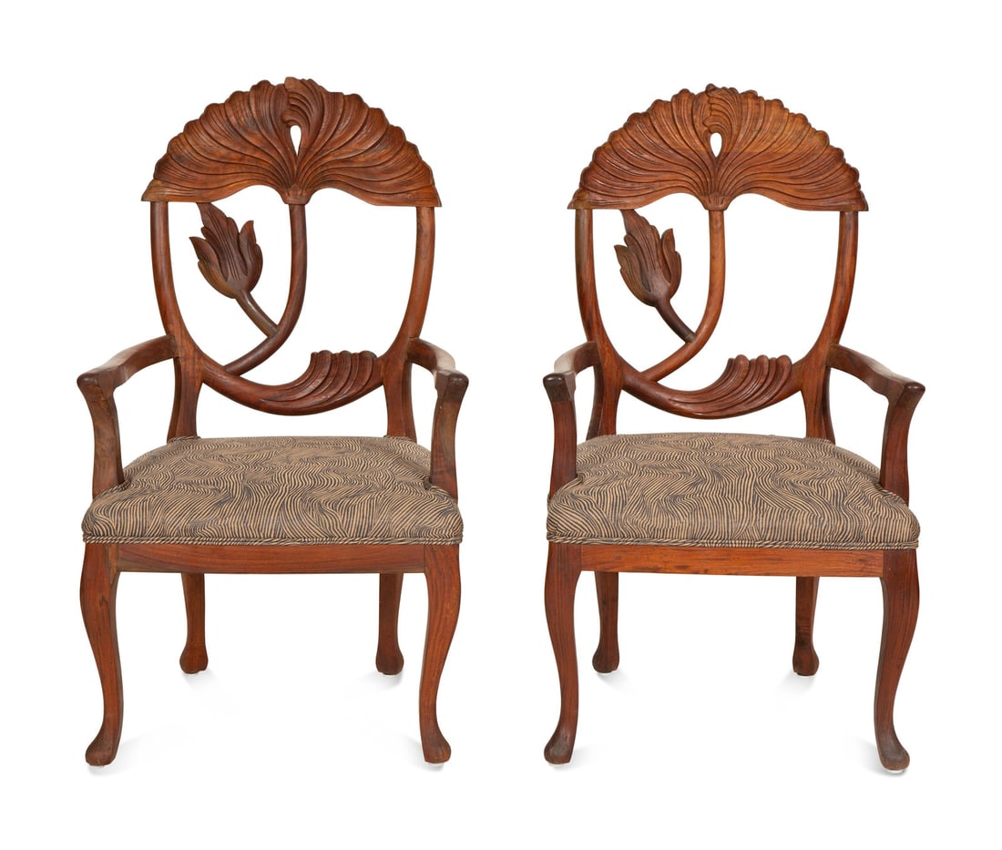 A Set of Five Carved Wood Lotus Flower Armchairs in the Manner of Phyllis Morris: A Set of Five Carved Wood Lotus Flower Armchairs in the Manner of Phyllis Morris Mid-20th Century Height 42 x width 24 x depth 22 inches.