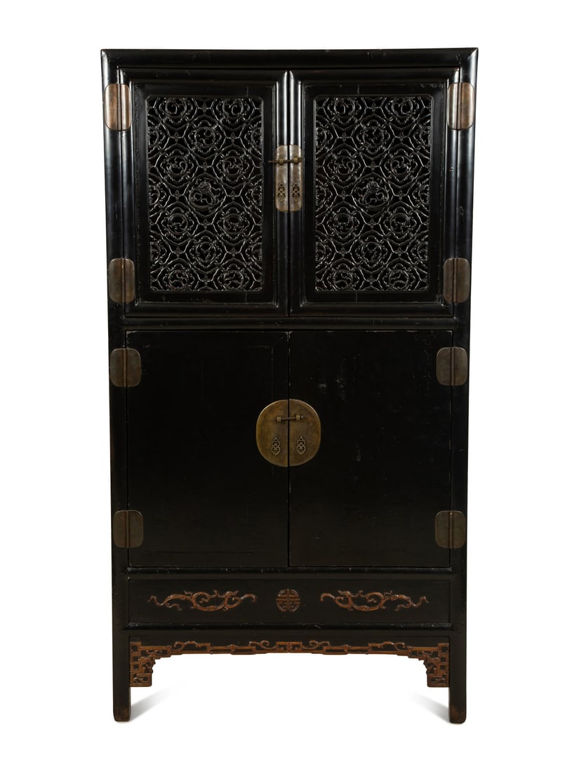 A Chinese Black Lacquer Cabinet with Pierce-carved Upper Door Panels (1 of 6)