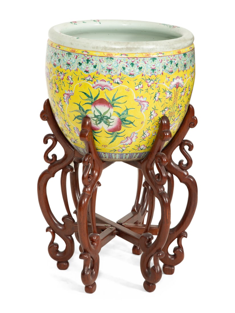 A Chinese Export Famille Jaune Jardiniere on a Hardwood Stand (1 of 2)