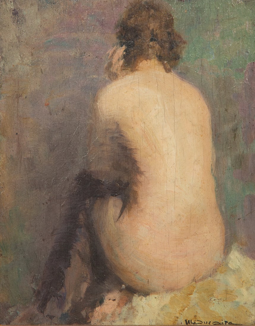 Maryse Ducaire-Roque (French, 1911â€“1992): Maryse Ducaire-Roque (French, 1911â€“1992) Seated Nude oil on panel signed M. Ducaire (lower right) 9 1/2 x 7 1/2 inches. This lot is located in Palm Beach.