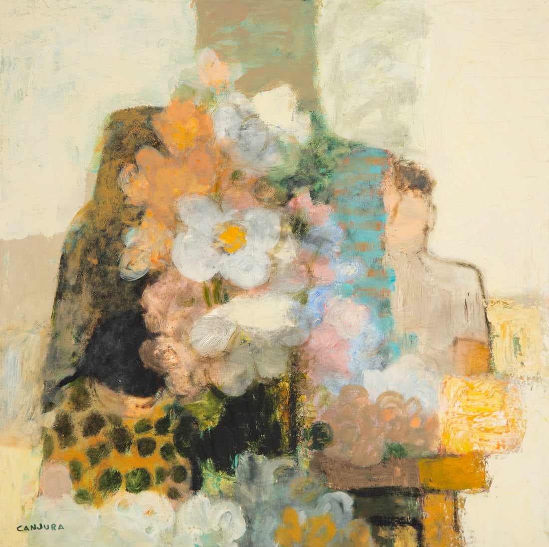 Noe Canjura (French, 1922 - 1970) Couple with Bouquet of Flowers: Noe Canjura (French, 1922 - 1970) Couple with Bouquet of Flowers oil on canvas signed Canjura (lower left) 30 1/2 x 31 3/4 inches.