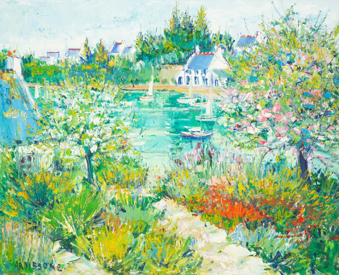 Yolande Ardissone (French, b. 1927) Riverside Houses: Yolande Ardissone (French, b. 1927) Riverside Houses oil on canvas signed Ardissone (lower left) 23 1/2 x 29 inches. This lot is located in Palm Beach.
