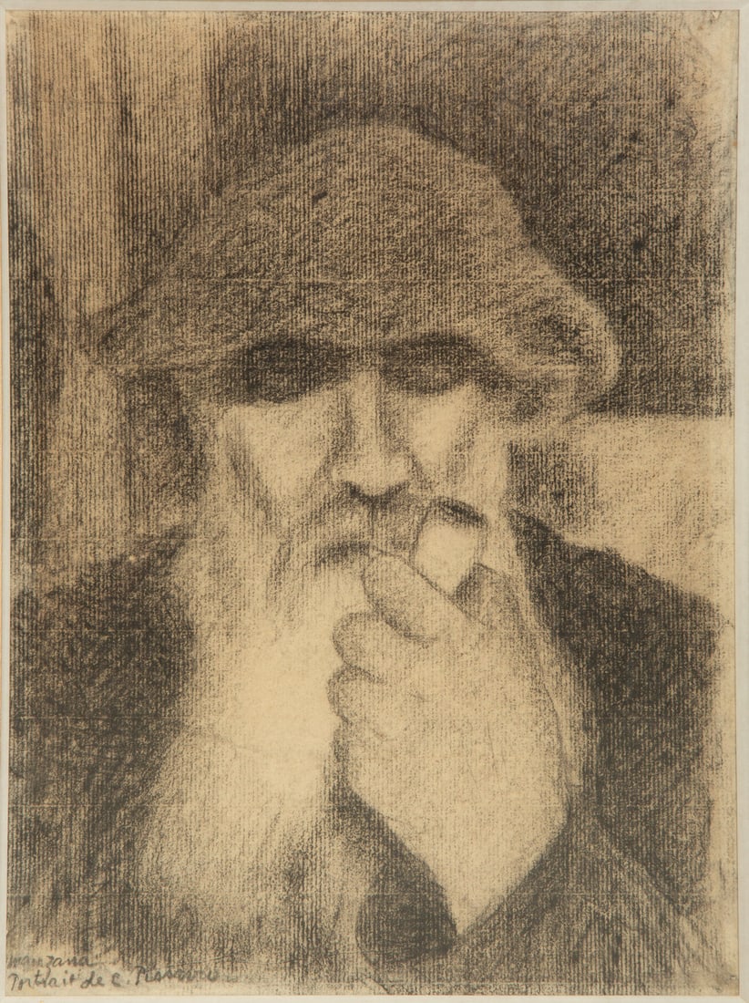 Georges Manzana-Pissarro (French, 1871-1961) Portrait of Camille Pissarro Smoking Pipe: Georges Manzana-Pissarro (French, 1871-1961) Portrait of Camille Pissarro Smoking Pipe charcoal on paper signed and titled Manzana/ Portrait de C. Pissarro (lower left) 12 3/4 x 9 1/2 inches. This lot