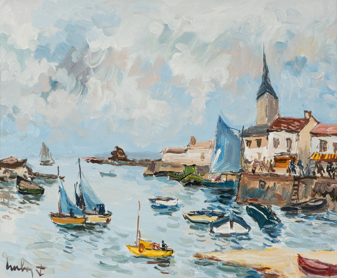 Fernand Herbo (French, 1905-1995) L'avant Port Croix-de-Vie: Fernand Herbo (French, 1905-1995) L'avant Port Croix-de-Vie oil on canvas signed Herbo and with artist's insignia (lower left) 15 x 18 1/4 inches. This lot is located in Atlanta. Property from a Priva